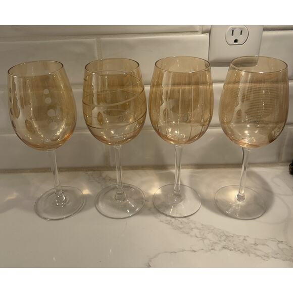 Mikasa Set Of 4 Cheers Orange Stemmed Crystal Wine Glasses Etched Patterns - Picture 12 of 15